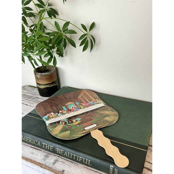 Vintage Church Cardboard & Wood Fan / The Last Supper 1950’s / Nostalgia 12” - Picture 7 of 8